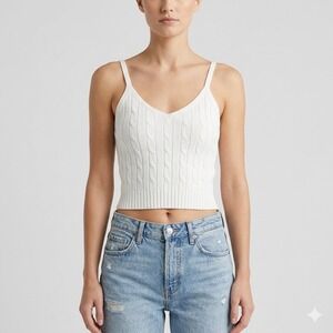 Cable Knit Crop Top Fitted Ribbed Tank White Size M Soft Girl Ballet Summer Y2K